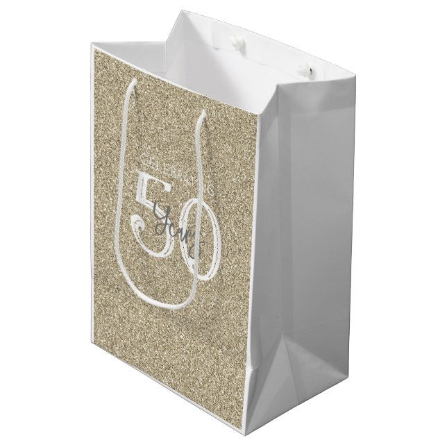 Gold Glitter CELEBRATING 50 YEARS Elegant Chic Medium Gift Bag (Front Angled)