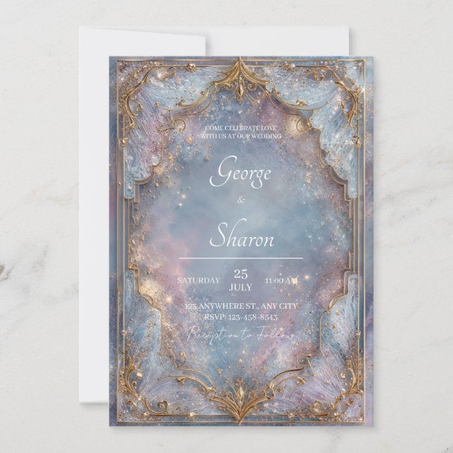 Gold Glitter Celestial Blue Enchanted Wedding Invitation (Front)