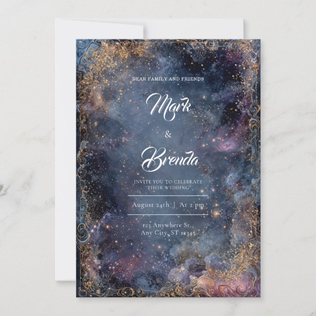 Gold Glitter Celestial Nebula Blue Pink Wedding Invitation (Front)