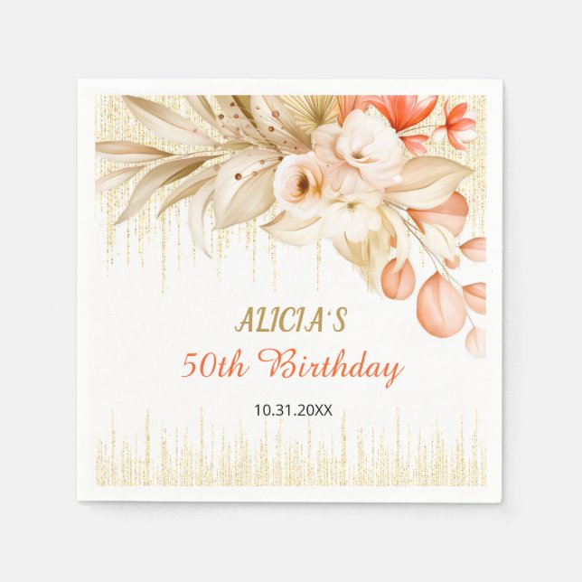 Gold Glitter Chain Yellow Orange Flower Birthday  Napkins (Front)