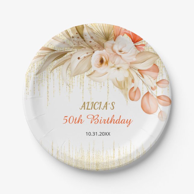 Gold Glitter Chain Yellow Orange Flower Birthday  Paper Plates (Front)