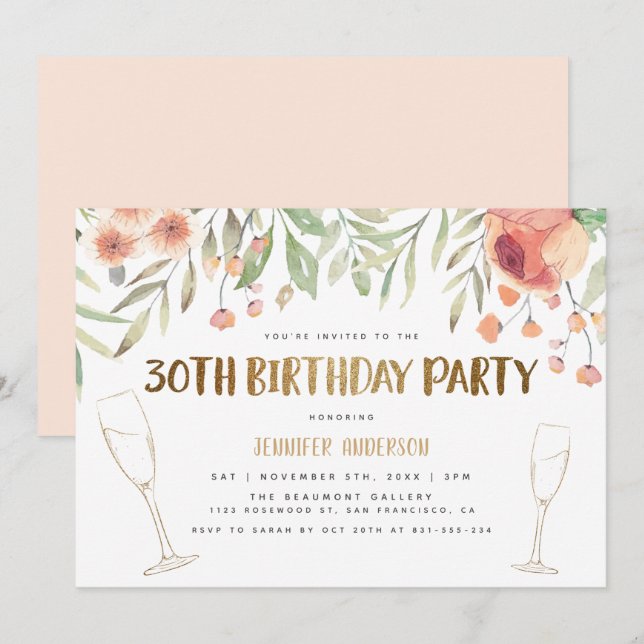 Gold Glitter Champagne | 30th Birthday Party Invitation (Front/Back)