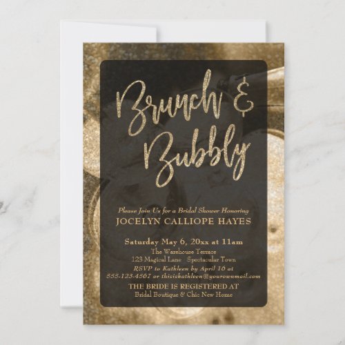 Gold Glitter Champagne Brunch  Bubbly Handwriting Invitation