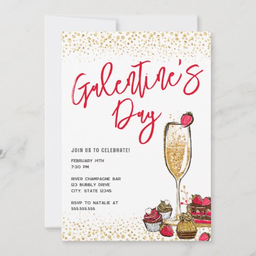 Gold Glitter Champagne Galentines Day Party Invitation