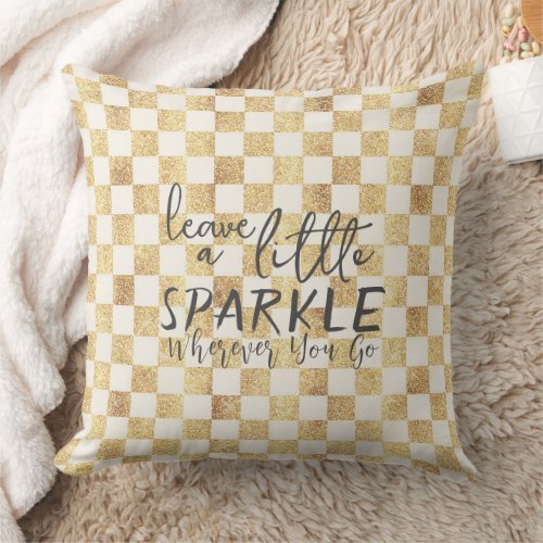 Gold Glitter Checkered Squares Retro Throw Pillow