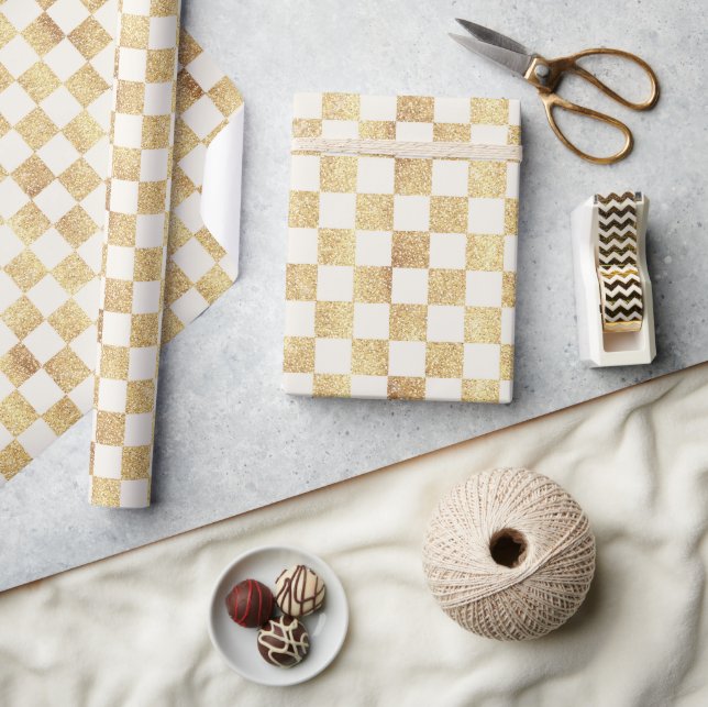 Gold Glitter Checkered Squares Retro Wrapping Paper (Crafts)