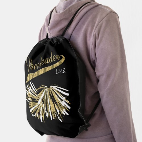 Gold Glitter Cheerleader Pom Poms _ Monogram Drawstring Bag