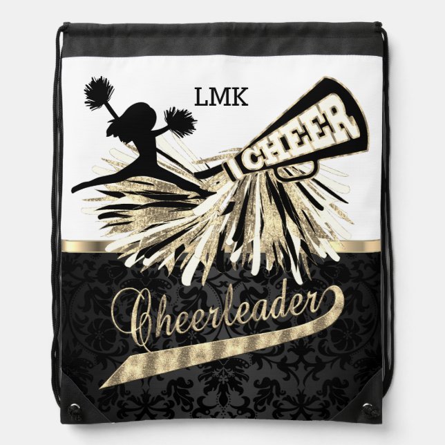 Gold Glitter Cheerleader with Pom Poms Drawstring Bag (Front)