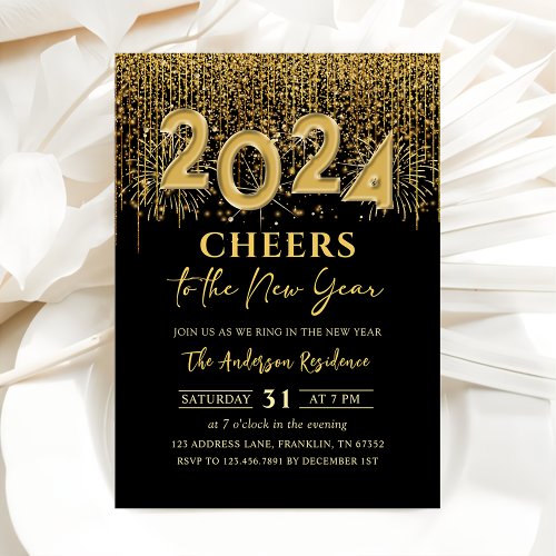 Gold Glitter Cheers New Years Eve Party 2024 Invitation