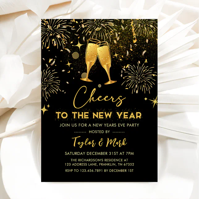 Gold Glitter Cheers New Years Eve Party Invitation | Zazzle