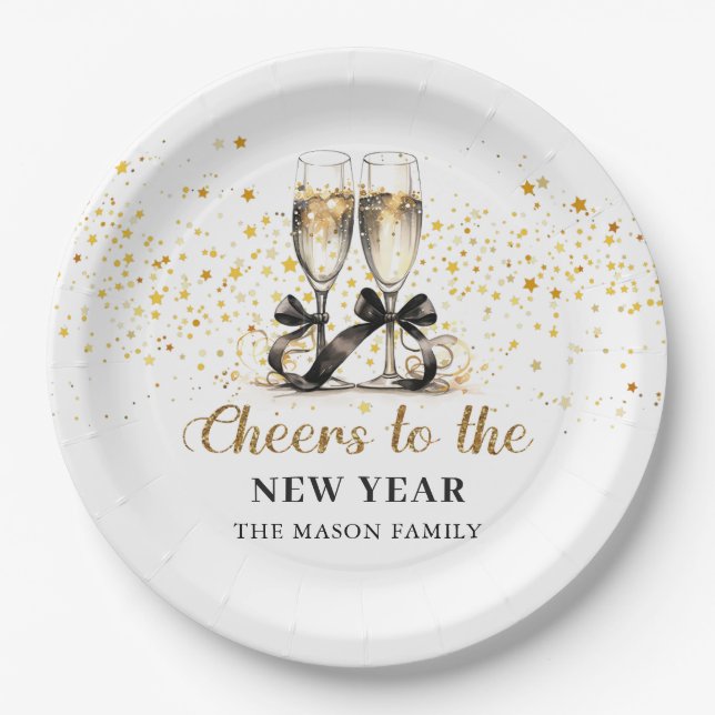 Gold Glitter Cheers New Years Eve Party Paper Plates (Front)