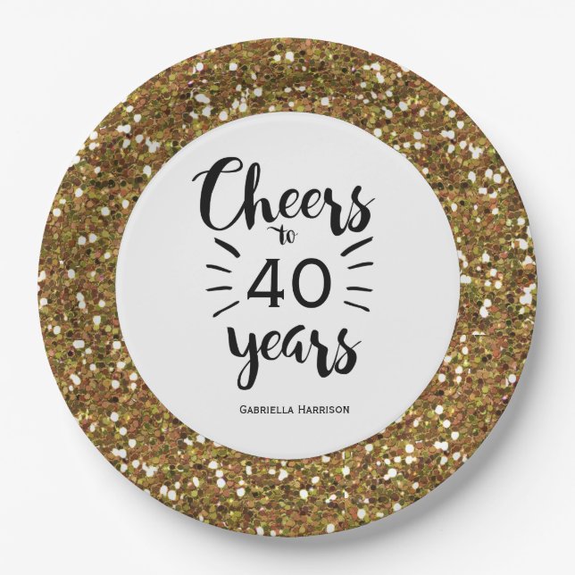 Gold Glitter Cheers to 40 Years Paper Plates (Front)