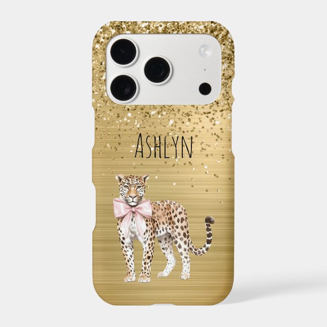 Gold Glitter Cheetah Pink Bow iPhone Case (Back)