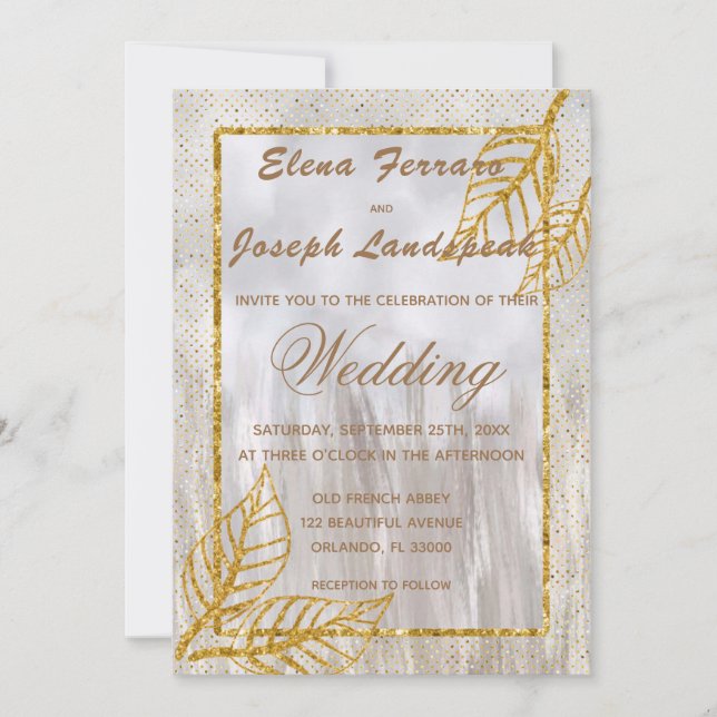 Gold Glitter Chestnut Leaves & Confetti Invitation (Front)