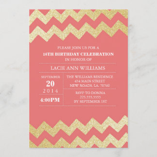 Gold Glitter Chevron Birthday Party | Coral Invitation