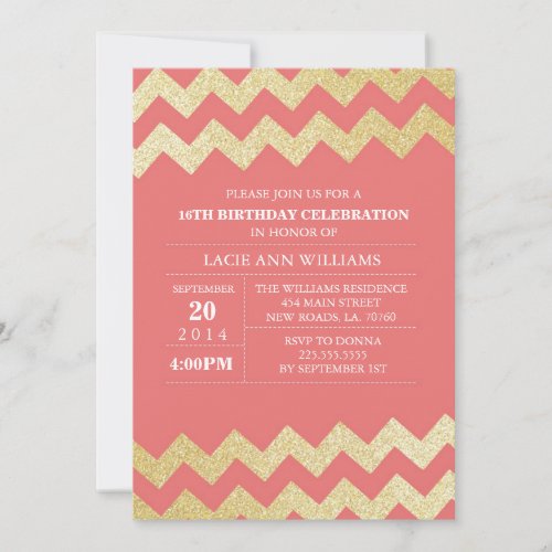 Gold Glitter Chevron Birthday Party | Coral Personalized Announcement