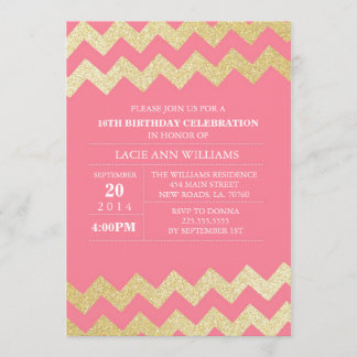 Gold Glitter Chevron Birthday Party | Pink Invitation