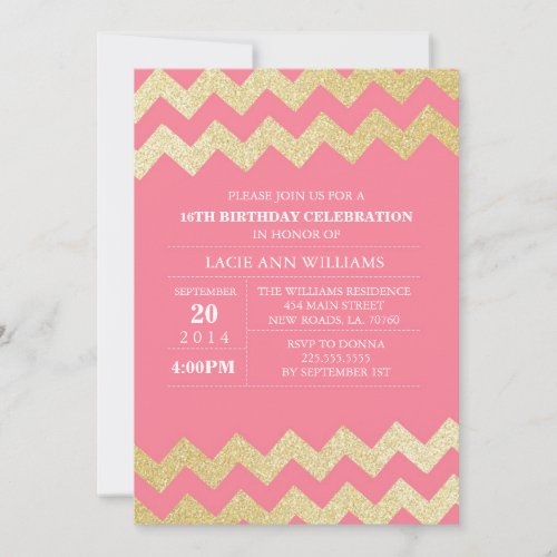Gold Glitter Chevron Birthday Party | Pink Invite