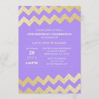 Gold Glitter Chevron Birthday Party | Purple Invitation