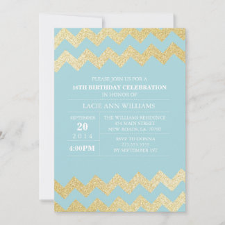 Gold Glitter Chevron Birthday Party | Turquoise Invitation