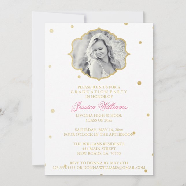 Gold Glitter Chevron Graduation | Pink Invitation (Front)