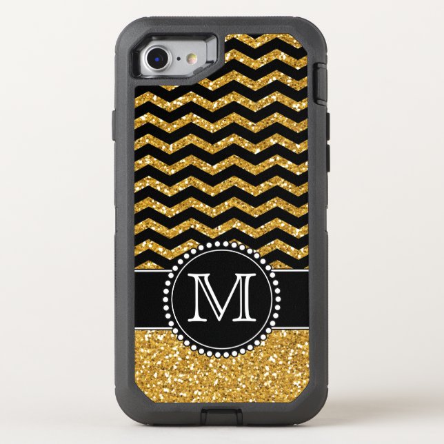 Gold Glitter Chevron Monogrammed Defender Otterbox iPhone Case (Back)