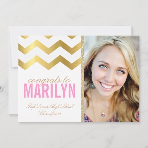 Gold Glitter Chevron Photo Graduation Invitation