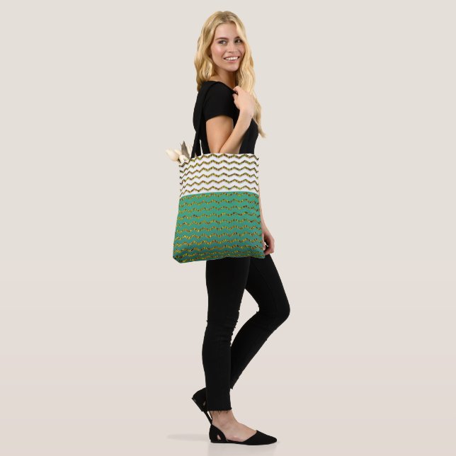 Gold Glitter Chevron White  Turquoise Green Ombre Tote Bag (On Model)