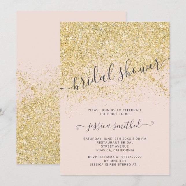 Gold glitter chic blush pink bridal shower invitation (Front/Back)