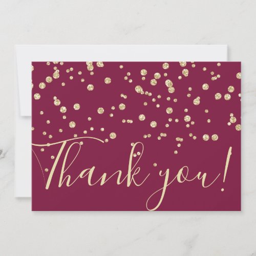 Gold Glitter Chic Confetti Burgundy Red Typography Thank You Card