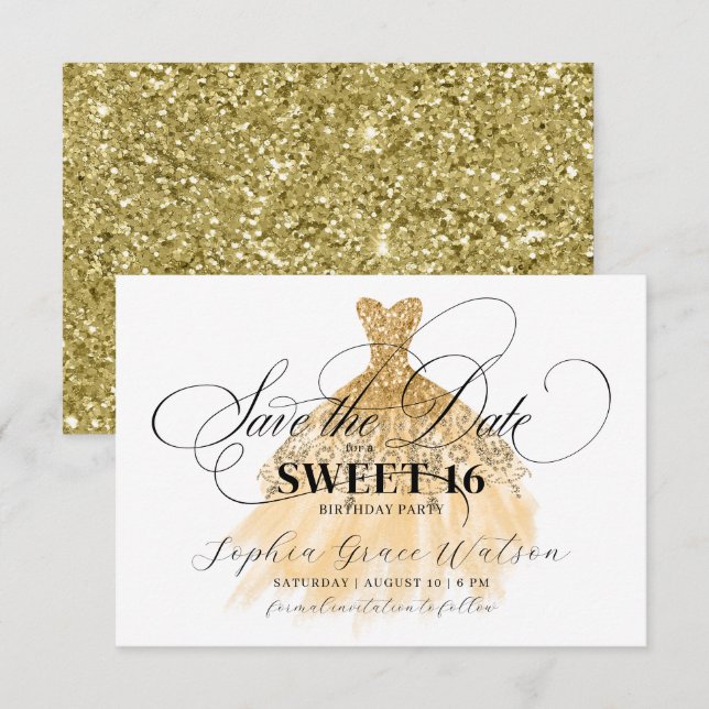 Gold Glitter Chic Dress Sweet 16 Birthday Save The Date (Front/Back)