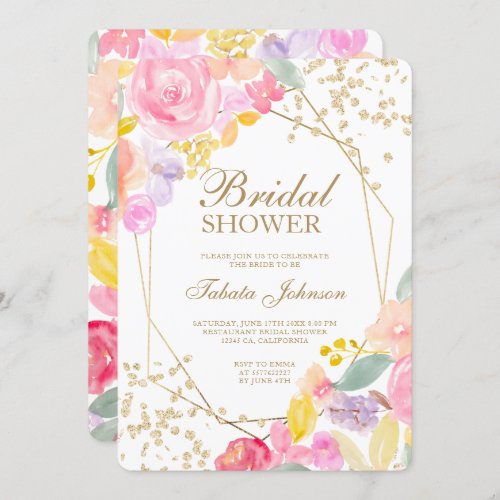 Gold glitter chic floral watercolor Bridal shower Invitation