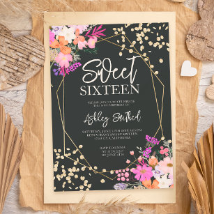 Gold glitter chic floral watercolor photo Sweet 16 Invitation