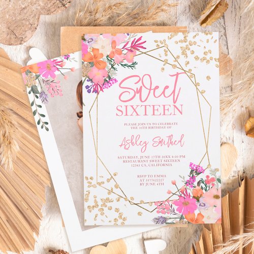 Gold glitter chic floral watercolor photo Sweet 16 Invitation