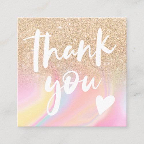 Gold glitter chic rainbow marble pastel thank you square business card