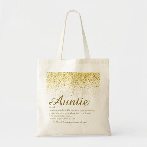 Gold Glitter Chic Script Aunt Auntie Definition Tote Bag