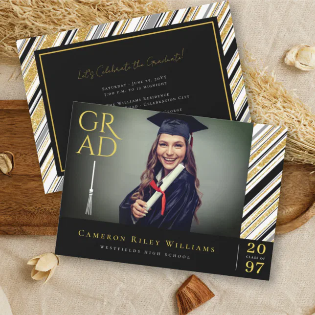 Gold Glitter Chic Stripes Photo Graduation Party Invitation | Zazzle