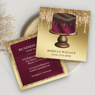 Gold Glitter Chocolate Burgundy Cake Bakery Square Business Card