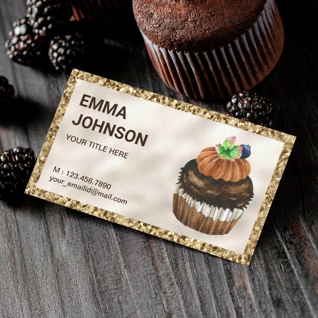 Gold Glitter Chocolate Cupcake Pastry Chef Bakery Business Card (Creator Uploaded)