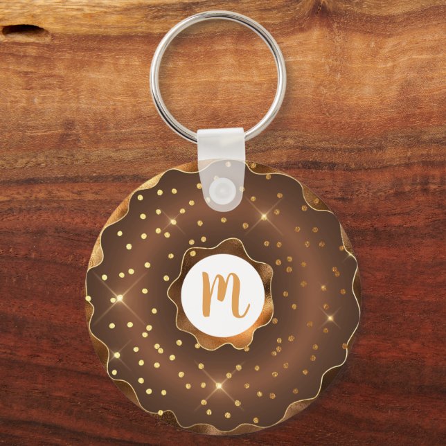 Gold glitter chocolate doughnut monogram glam keychain (Front)