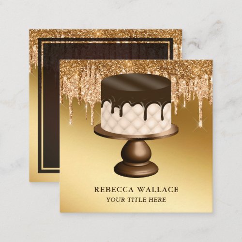Gold Glitter Chocolate Drips Icing Cake Bakery Square Business Card