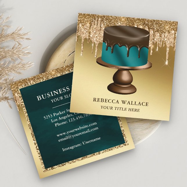 Gold Glitter Chocolate Drips Teal Cake Bakery Square Business Card (Creator Uploaded)