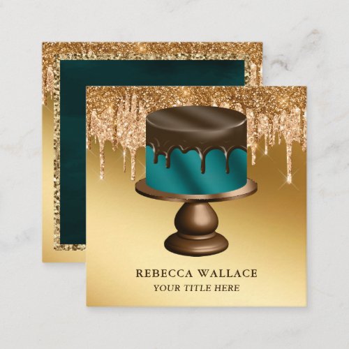 Gold Glitter Chocolate Drips Teal Cake Bakery Square Business Card