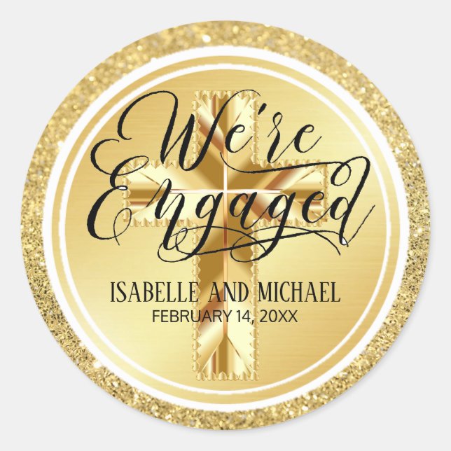 Gold Glitter Christian Personalized Engagement Classic Round Sticker (Front)