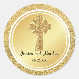 Gold Glitter Christian Wedding Sticker with Cross