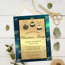 Gold Glitter, Christmas Balls Green Company Party Invitation