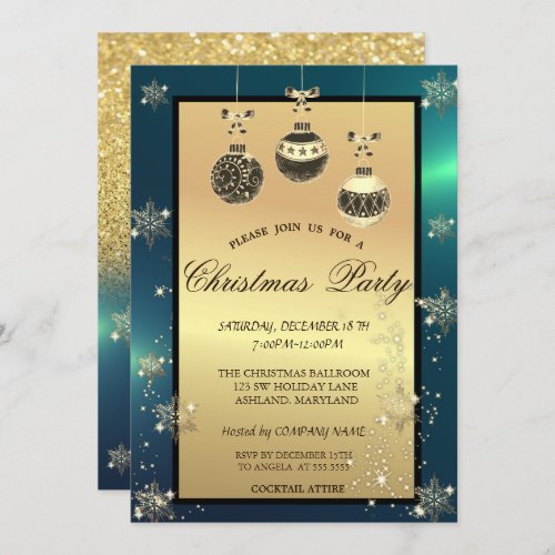 Gold Glitter Christmas Balls Green Company Party Invitation