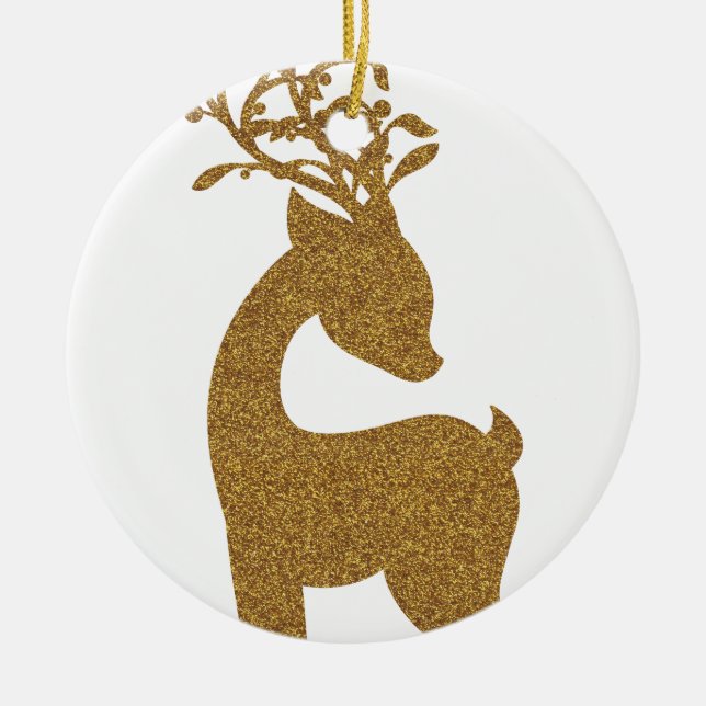Gold Glitter Christmas Holiday Reindeer Ceramic Ornament (Front)