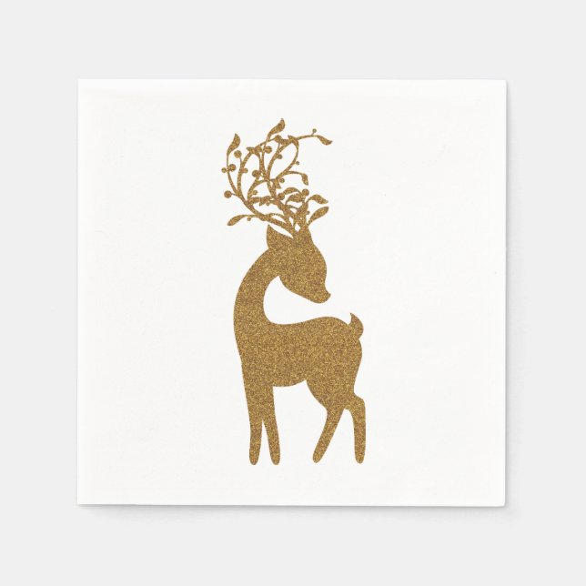 Gold Glitter Christmas Holiday Reindeer Paper Napkins (Front)