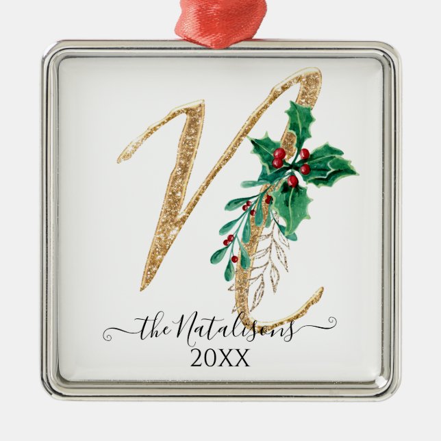 Gold Glitter Christmas Holly Foliage Monogram N Metal Ornament (Front)